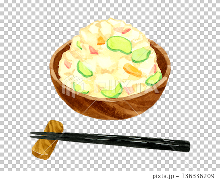 木製の器に盛り付けたポテトサラダ 料理・食べ物の手描き水彩イラスト素材 木製の器に盛り付けたポテトサラダ 料理・食べ物の手描き水彩イラスト素材 136336209