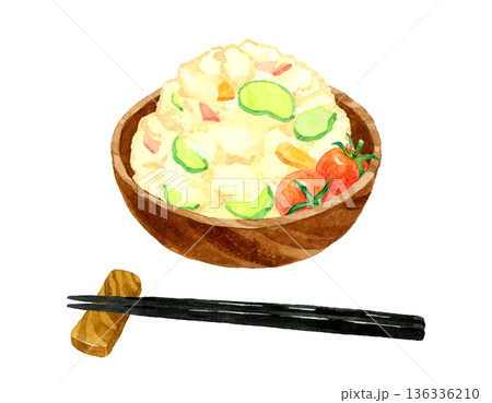 木製の器に盛り付けたポテトサラダ 料理・食べ物の手描き水彩イラスト素材 木製の器に盛り付けたポテトサラダ 料理・食べ物の手描き水彩イラスト素材 136336210