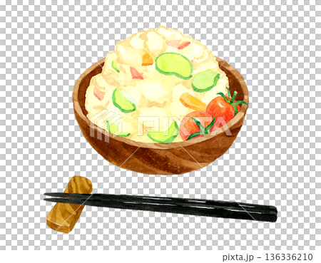 木製の器に盛り付けたポテトサラダ 料理・食べ物の手描き水彩イラスト素材 木製の器に盛り付けたポテトサラダ 料理・食べ物の手描き水彩イラスト素材 136336210