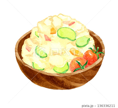 木製の器に盛り付けたポテトサラダ 料理・食べ物の手描き水彩イラスト素材 木製の器に盛り付けたポテトサラダ 料理・食べ物の手描き水彩イラスト素材 136336211