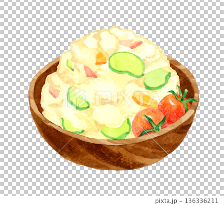 Potato salad served in a wooden bowl. Hand-drawn watercolor illustration of food and cuisine. 136336211