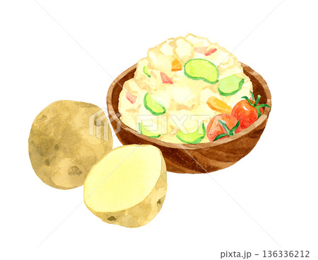 木製の器に盛り付けたポテトサラダとじゃがいものセット　料理・食べ物の手描き水彩イラスト素材 136336212