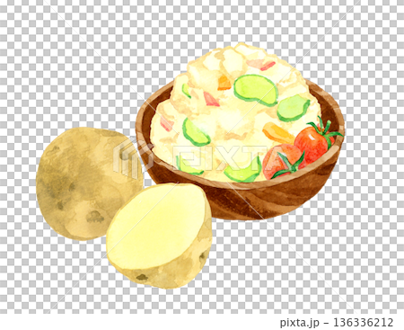 木製の器に盛り付けたポテトサラダとじゃがいものセット　料理・食べ物の手描き水彩イラスト素材 136336212