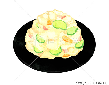お皿に盛り付けたポテトサラダ　料理・食べ物の手描き水彩イラスト素材 136336214