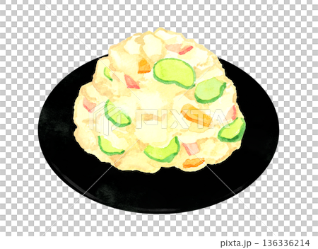 Potato salad served on a plate. Hand-drawn watercolor illustration of food and cuisine. 136336214