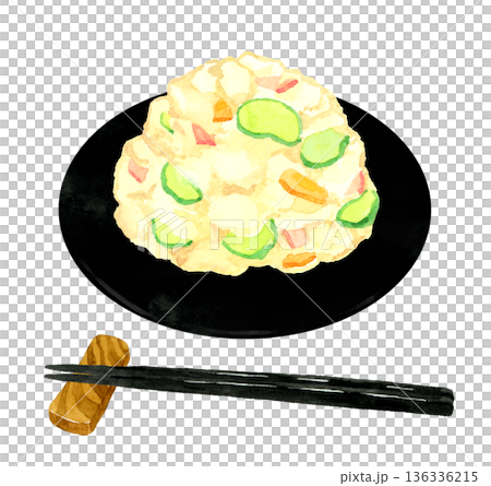 Potato salad served on a plate. Hand-drawn watercolor illustration of food and cuisine. 136336215