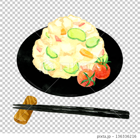 盛在盤子裡的馬鈴薯沙拉。手繪水彩食物插畫。 136336216