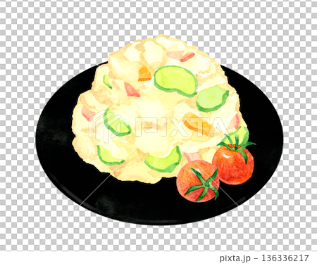 Potato salad served on a plate. Hand-drawn watercolor illustration of food and cuisine. 136336217