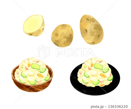ポテトサラダとじゃがいものセット　料理・食べ物の手描き水彩イラスト素材 136336220