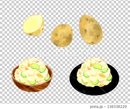 ポテトサラダとじゃがいものセット　料理・食べ物の手描き水彩イラスト素材 136336220