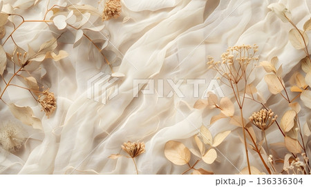 リネン生地とドライフラワーのナチュラルでおしゃれな背景素材 136336304