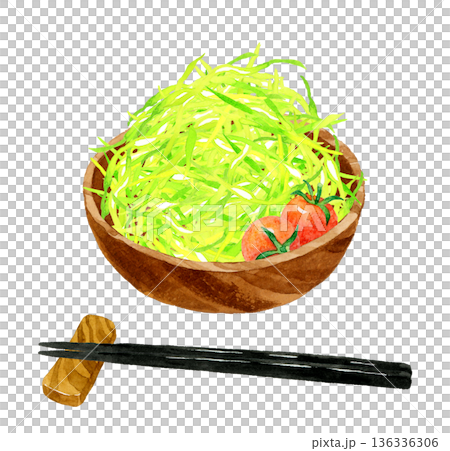 木製の器に盛り付けたキャベツの千切り　料理・食べ物の手描き水彩イラスト素材 136336306