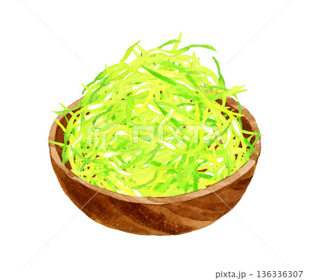 木製の器に盛り付けたキャベツの千切り　料理・食べ物の手描き水彩イラスト素材 136336307