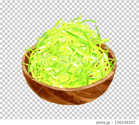 木製の器に盛り付けたキャベツの千切り　料理・食べ物の手描き水彩イラスト素材 136336307