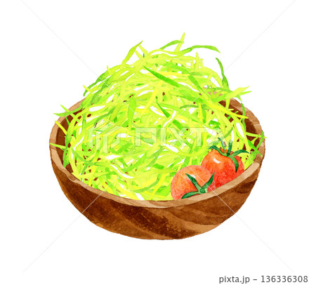 木製の器に盛り付けたキャベツの千切り　料理・食べ物の手描き水彩イラスト素材 136336308