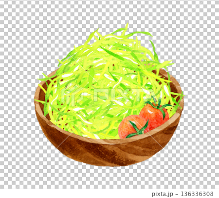 Shredded cabbage served in a wooden bowl. Hand-drawn watercolor illustration of food and cuisine. 136336308