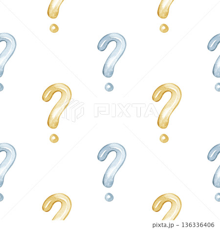 Hand-painted watercolor seamless pattern featuring blue and gold question marks. This whimsical design showcases soft textures and organic shapes, making it perfect for educational materials, quizzes Hand-painted watercolor seamless pattern featuring blue and gold question marks. This whimsical design showcases soft textures and organic shapes, making it perfect for educational materials, quizzes 136336406