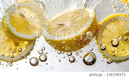 炭酸水に落ちるフレッシュレモン 高速撮影で捉えた爽快スプラッシュ 136336571