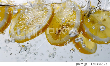 炭酸水に落ちるフレッシュレモン 高速撮影で捉えた爽快スプラッシュ 136336573