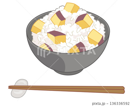 さつまいもの炊き込みご飯のイラスト（お箸と箸置きの追加） 136336592