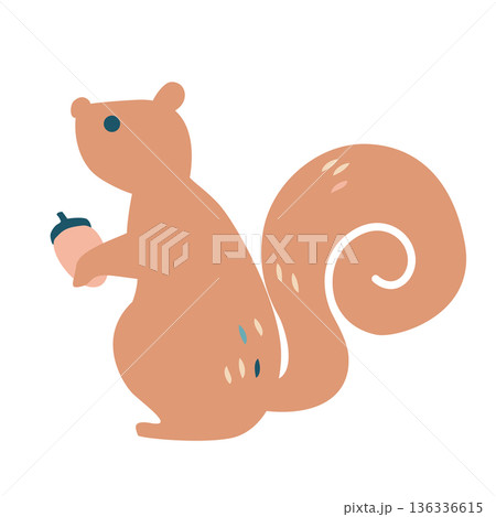北欧デザイン風のどんぐりを持つリスのベクターイラスト 136336615