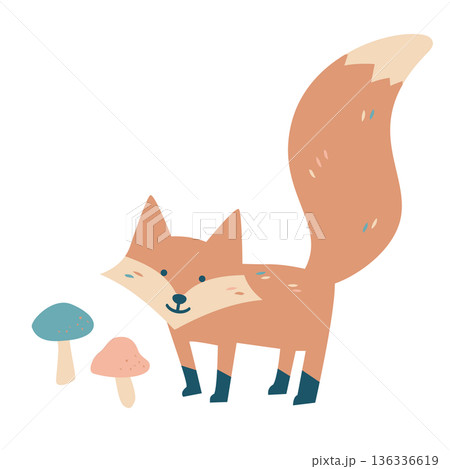 北欧デザイン風の狐ときのこのベクターイラスト 136336619