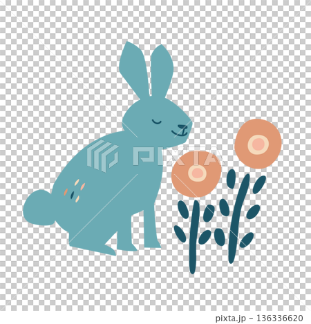 Scandinavian design style rabbit and small flowers vector illustration 136336620