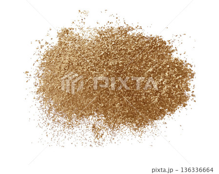 Abstract golden glittery textured paint spot isolated on a white background. Scattered glitter. Element of organic surface texture. Artistic concept of material and abstract texture for design. 136336664