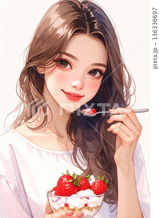 苺パフェを食べる女性 136336697