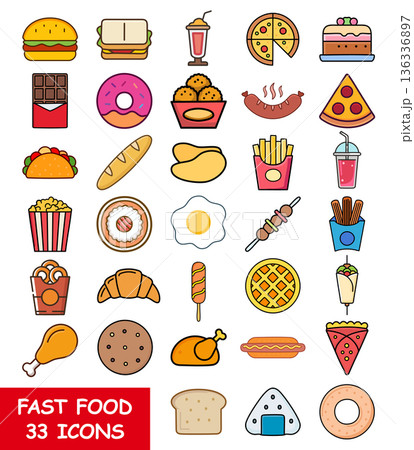 Fast food icons set, color line design vector illustration 136336897