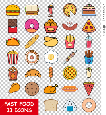 Fast food icons set, color line design vector illustration 136336897