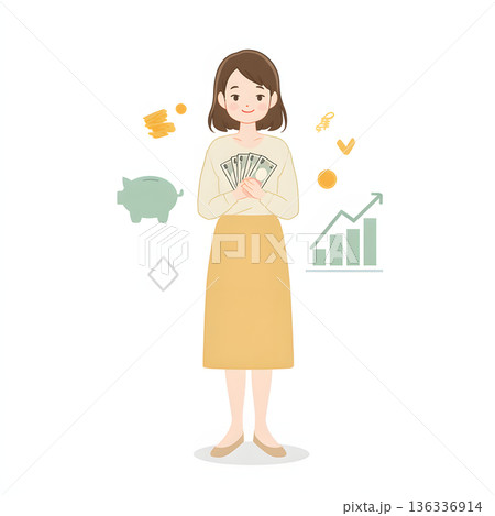 貯金と資産形成を考える女性の家計管理イラスト 136336914