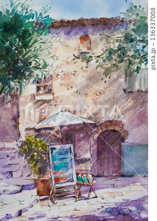 南フランスの古い街 水彩画 風景画 南フランスの古い街 水彩画 風景画 136337008