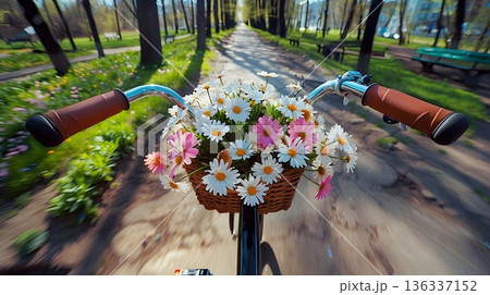 花かごを載せた自転車で走る春の公園 花かごを載せた自転車で走る春の公園 136337152