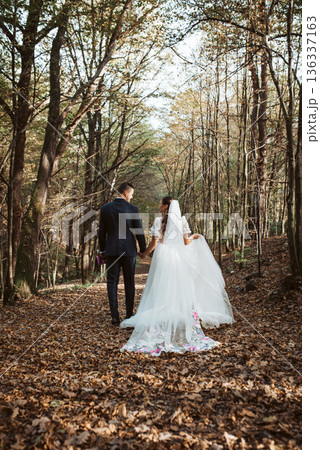 Rear view of bride and an groom in nature, surrounded by a forest. 136337163