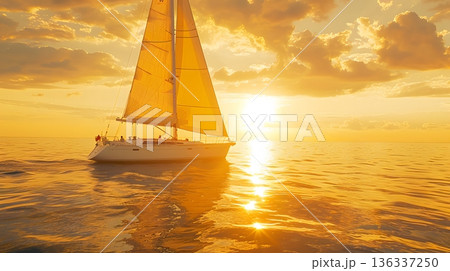 夕焼けの海を進む白いヨット 夕焼けの海を進む白いヨット 136337250