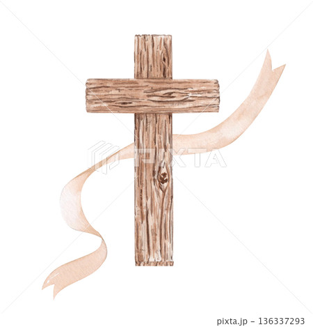 Wooden Christian cross with flowing linen ribbon, hand-painted watercolor isolated on white. Minimal religious clip art symbol, ideal for Lent designs, church stationery, invitations, faith projects Wooden Christian cross with flowing linen ribbon, hand-painted watercolor isolated on white. Minimal religious clip art symbol, ideal for Lent designs, church stationery, invitations, faith projects 136337293