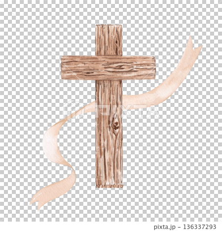 Wooden Christian cross with flowing linen ribbon, hand-painted watercolor isolated on white. Minimal religious clip art symbol, ideal for Lent designs, church stationery, invitations, faith projects 136337293