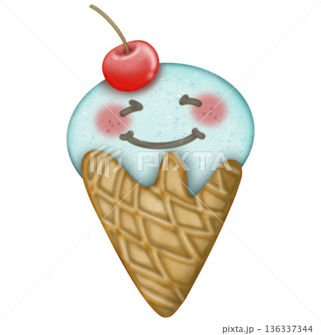 Ice cream fruit in waffle cone cartoon with Watercolor, Different face emotions. hand drawn Colored trendy illustration illustration. 136337344