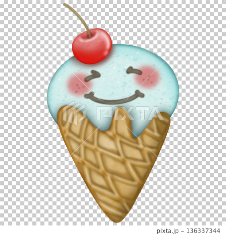 Ice cream fruit in waffle cone cartoon with Watercolor, Different face emotions. hand drawn Colored trendy illustration illustration. 136337344