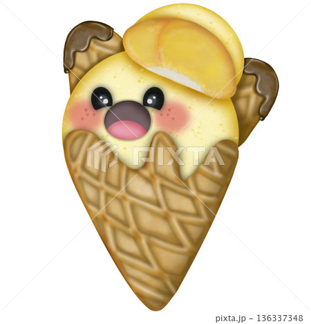Ice cream fruit in waffle cone cartoon with Watercolor, Different face emotions. hand drawn Colored trendy illustration illustration. 136337348