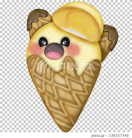 Ice cream fruit in waffle cone cartoon with Watercolor, Different face emotions. hand drawn Colored trendy illustration illustration. 136337348