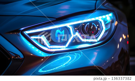 先進的なLEDヘッドライトが輝く次世代自動車テクノロジーの象徴 136337382