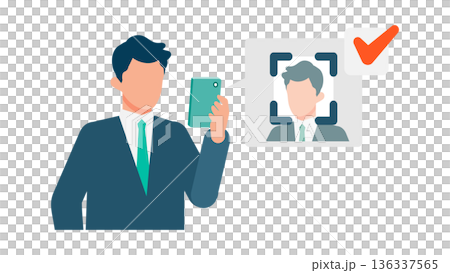 Illustration of a businessman verifying his identity using facial recognition on a smartphone Illustration of a businessman verifying his identity using facial recognition on a smartphone 136337565