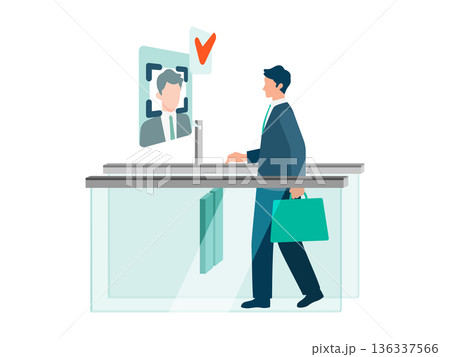 顔認証セキュリティゲートを通行するビジネスマンのイラスト 136337566