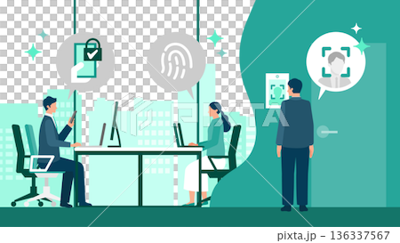 Illustration of a full view of an office floor equipped with facial recognition, fingerprint recognition, and smartphone authentication 136337567