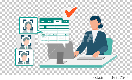 考勤管理示意圖，圖中一名女員工正在使用 Excel 管理人臉辨識資料。 136337569