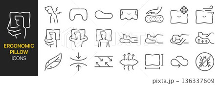 Ergonomic Pillow icon set. It included sleep, quality, orthopedic pillow, memory foam, sleeping, and more icons.  136337609