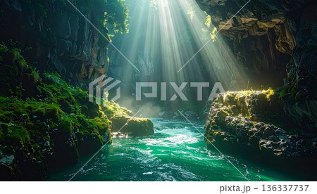 【AI生成画像】エメラルド色の清流に煌びやかな光が差し込む絶景 136337737