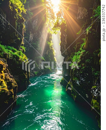 【AI生成画像】エメラルド色の清流に煌びやかな光が差し込む絶景 136337742